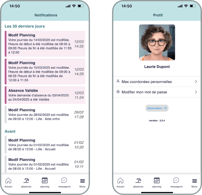 Menu profil et notifications