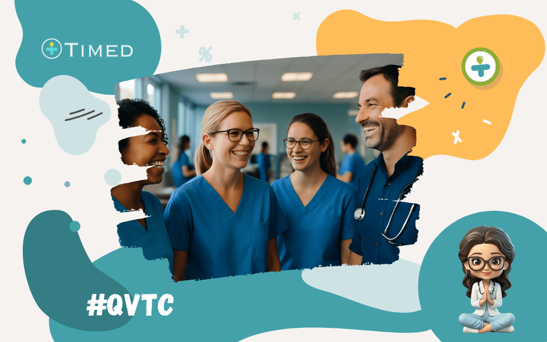 Groupe de personnes heureuses dans un cabinet médical à l'occasion de la semaine de la QVTC