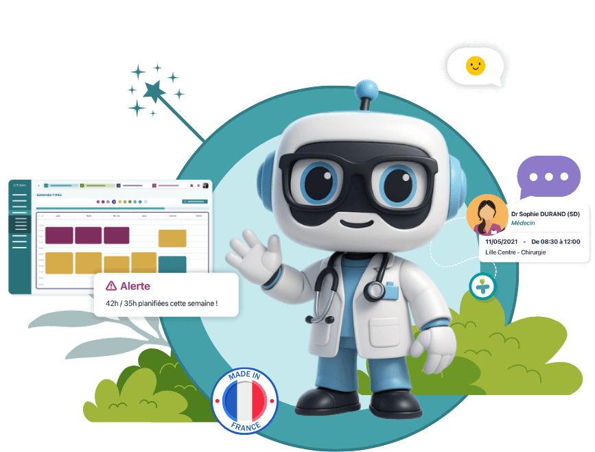 Mascotte robot médecin Timed, cartoon 3D avec stéthoscope et lunettes, illustrant l’IA dans le logiciel RH Timed